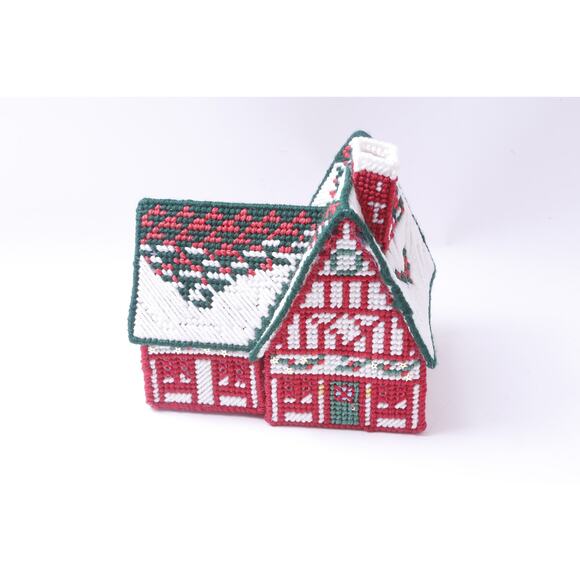 Platic Canvas Knitted Christmas House, 7 1/2" Tall, Red-White, Red Walls, - Picture 1 of 3